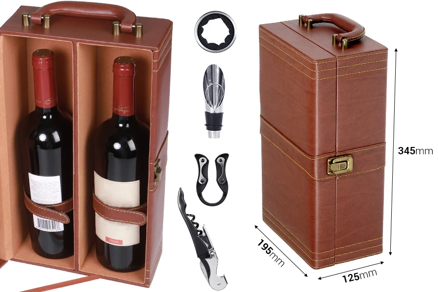 Luksuzna futrola za dve vinske flaše sa dodacima i kožnom presvlakom u braon boji-dimenzije_slike