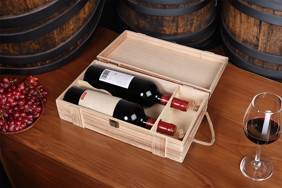 Drvena kutija za dve vinske flaše sa ručkom-